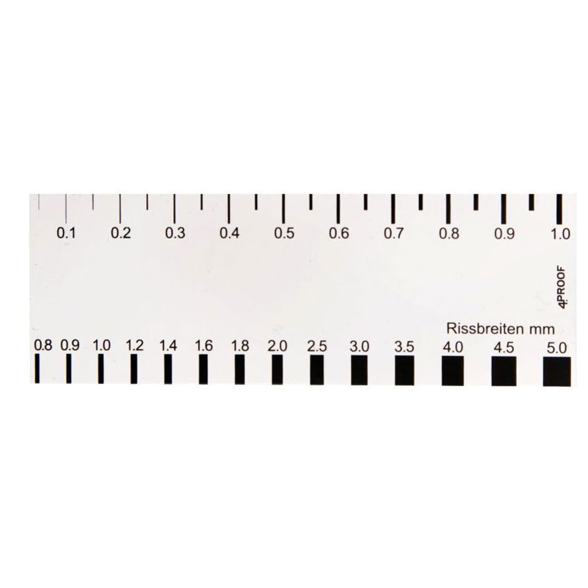 Risslineal von 4PROOF mit Rissbreiten von 0,1 bis 5,0 mm als Strich- und Balkenskala.
