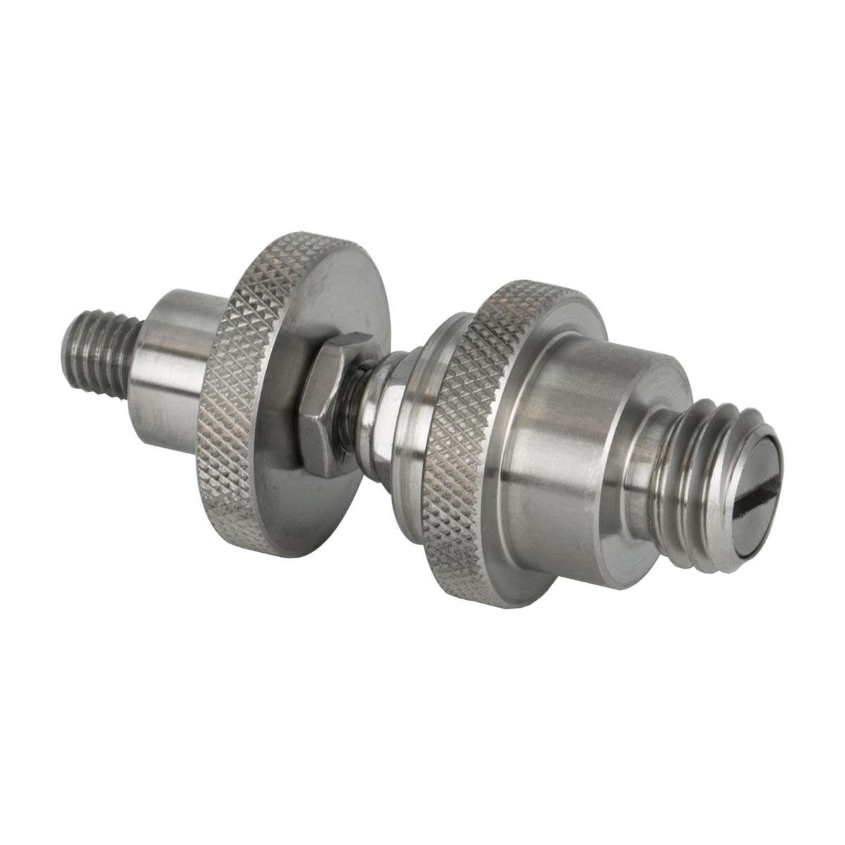 Wandbolzenadapter aus Edelstahl mit zwei gerändelten Muttern und Gewindeenden für HIP Prismen von Bohnenstingl.