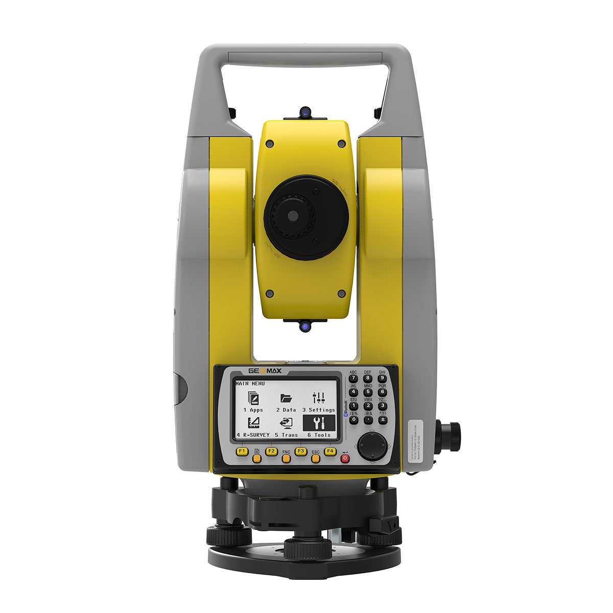 Gelb-graue GeoMax Totalstation Zoom 25 Nexus 5 mit Display, Tastatur und Dreifuß, Frontansicht.