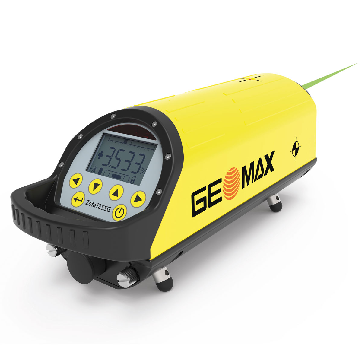 Gelber GeoMax Kanalbaulaser Zeta125G mit Display, Bedientasten und grünem Laserstrahl.