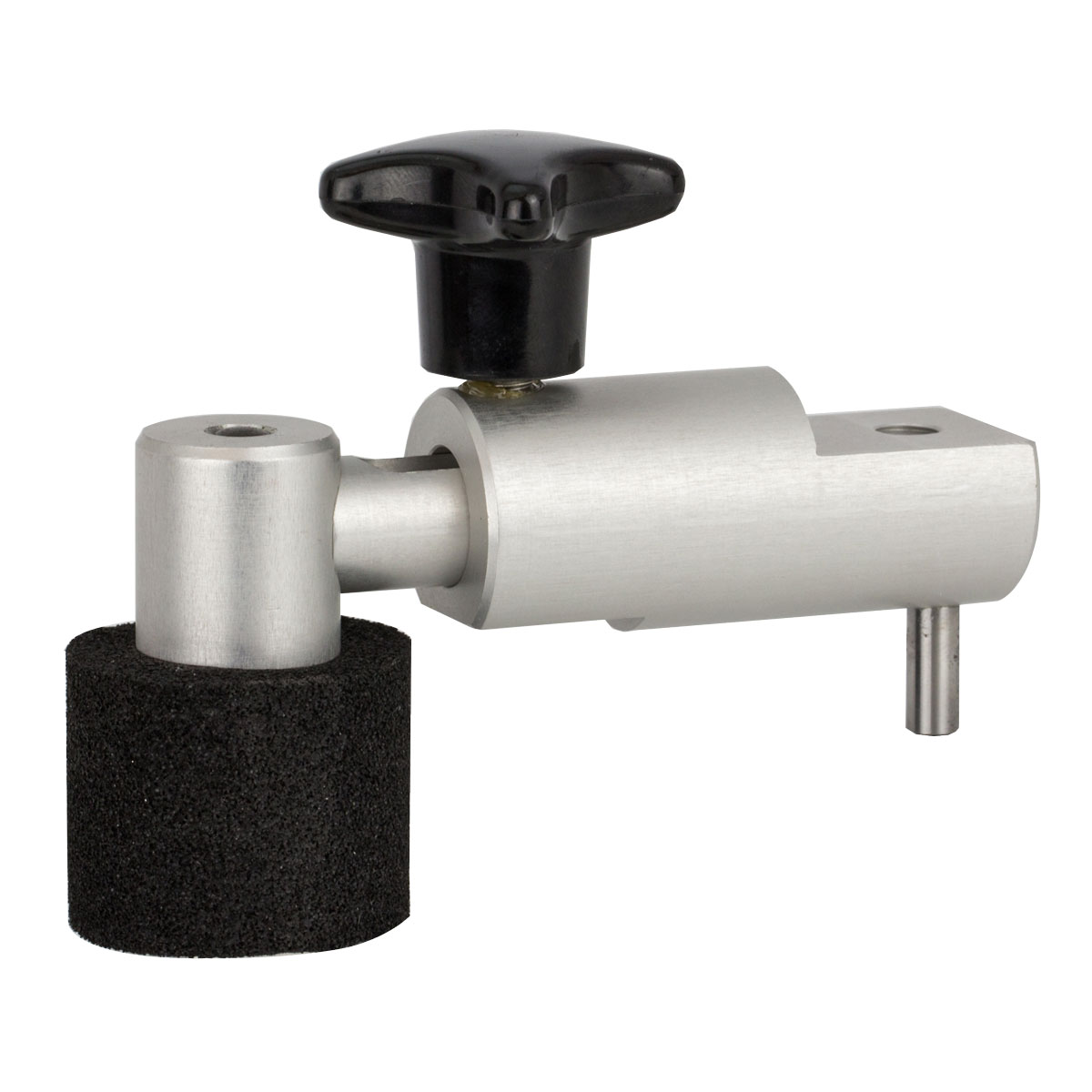 Schienenwinkel SW PRO aus Aluminium mit Sterngriff, Anschlagstift und Schaumstoffpolster sowie M8-Innengewinde.