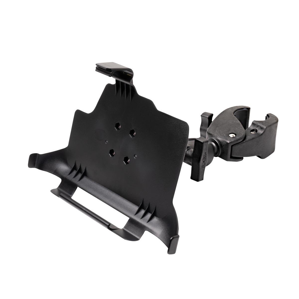 Schwarze Halterung für das Mesa Pro Tablet mit Rohrklemme und Gelenkarm.
