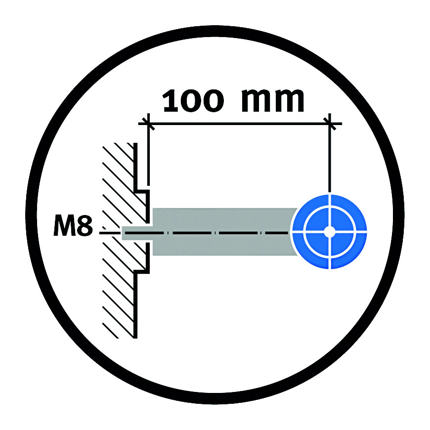 Skizze zur Befestigung eines Messpunktes (z.B. mit M8-Gewinde) mithilfe des Adapters für Wandbolzen.