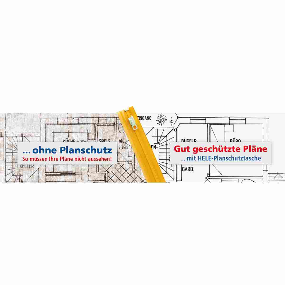 Vergleich: verschmutzter Plan ohne Planschutz und sauberer Plan mit HELE-Planschutztasche.