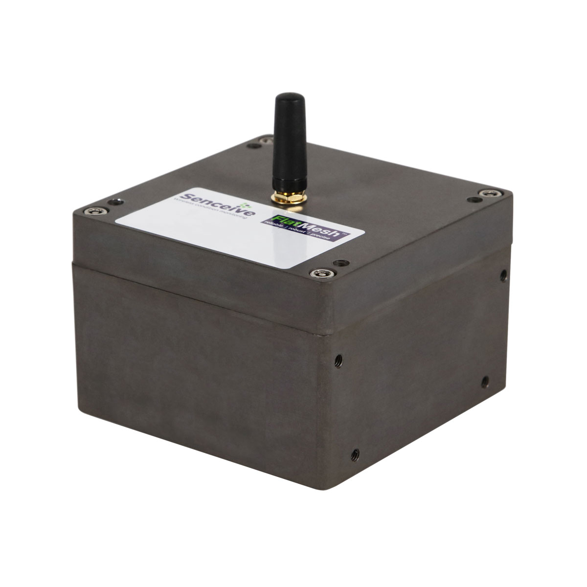 Der kompakte Senceive Flat Mesh 3 Repeater Node mit Antenne, auf weißem Hintergrund präsentiert.