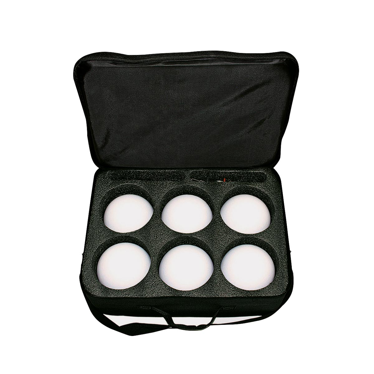 Geöffnete schwarze Tasche mit sechs weißen Scankugeln Ø 145 mm in Schaumstoffeinlage.