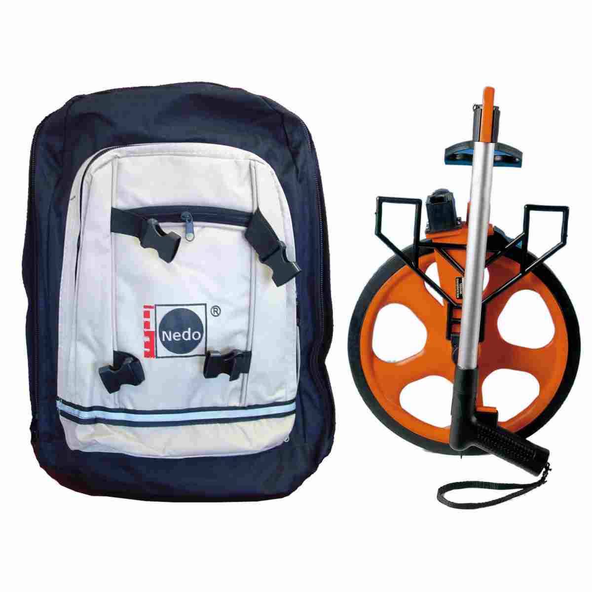 Leicht-Messrad Deluxe Set mit orangem Rad neben dem Nedo-Transportrucksack.