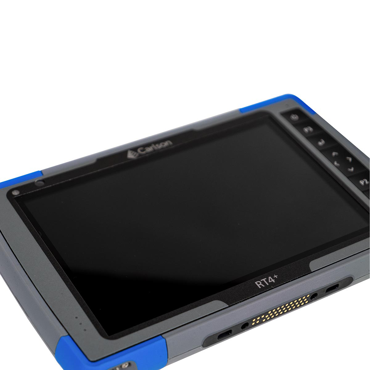Schräge Draufsicht des robusten Carlson RT4+ Outdoor Tablets mit verstärktem IP68 Gehäuse.