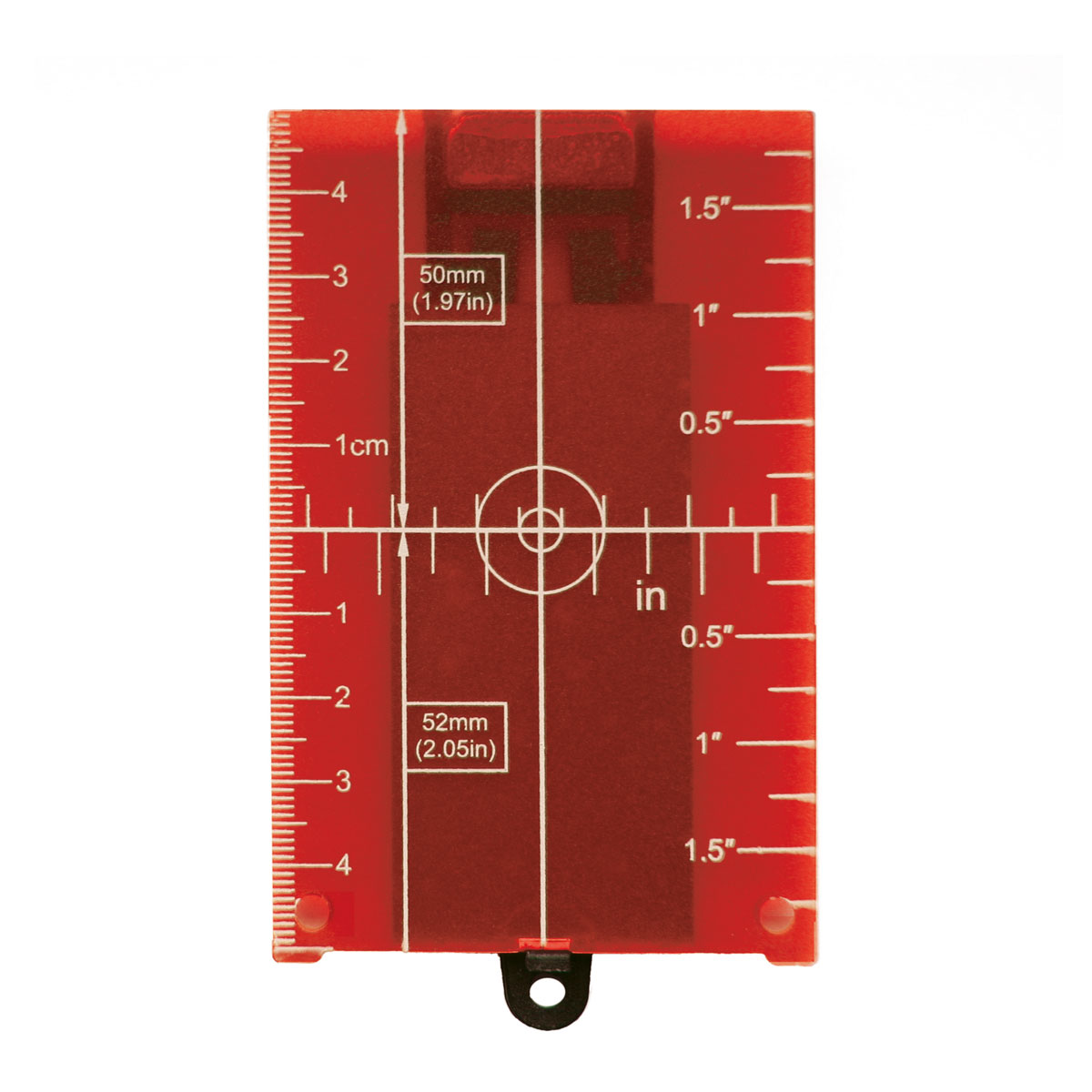 Rote transparente Zieltafel TARGET mit cm- und Zoll-Skala und Fadenkreuz.