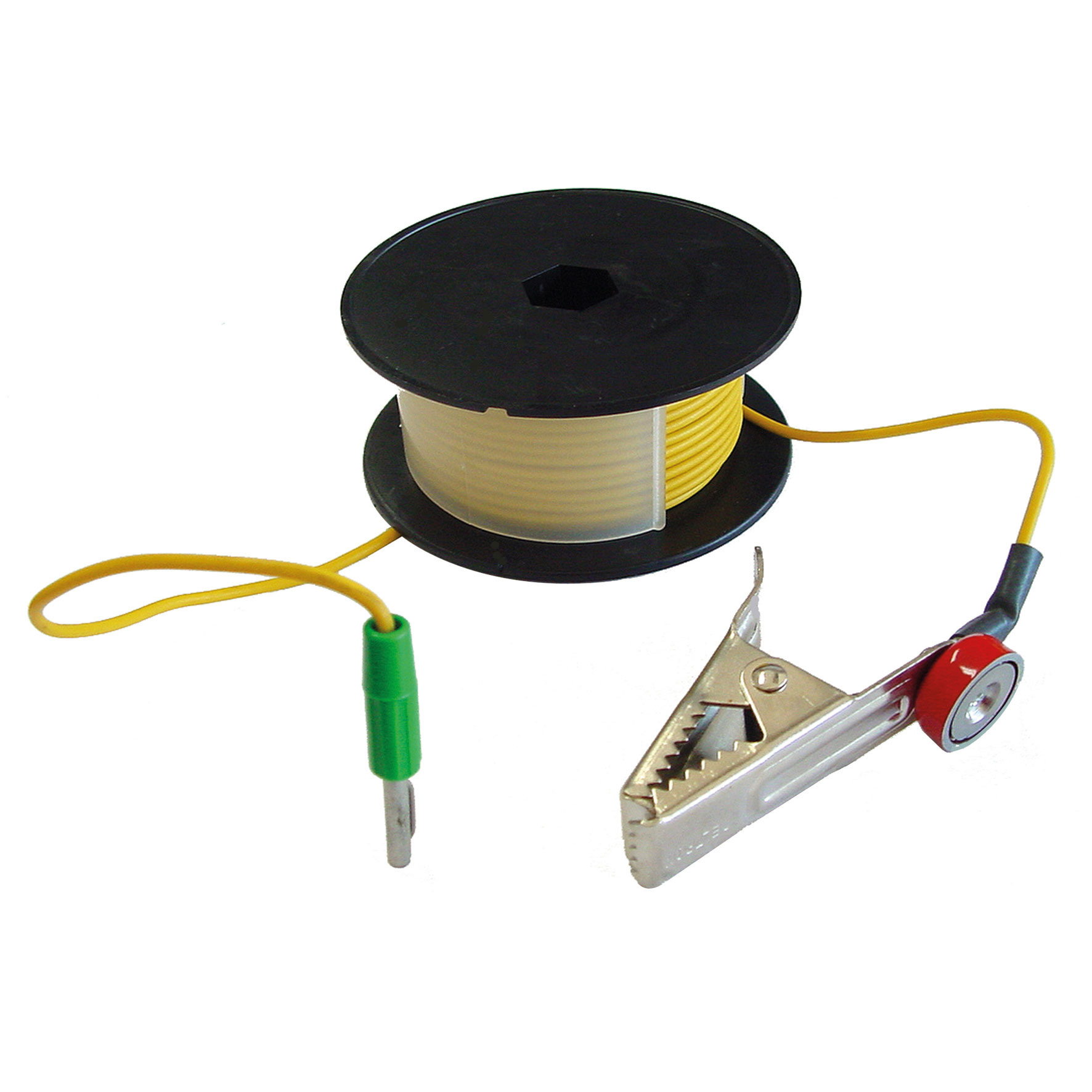 Standarderdungskabel 10 m von C.Scope mit gelbem Kabel auf schwarzer Spule, Stecker und Krokodilklemme.