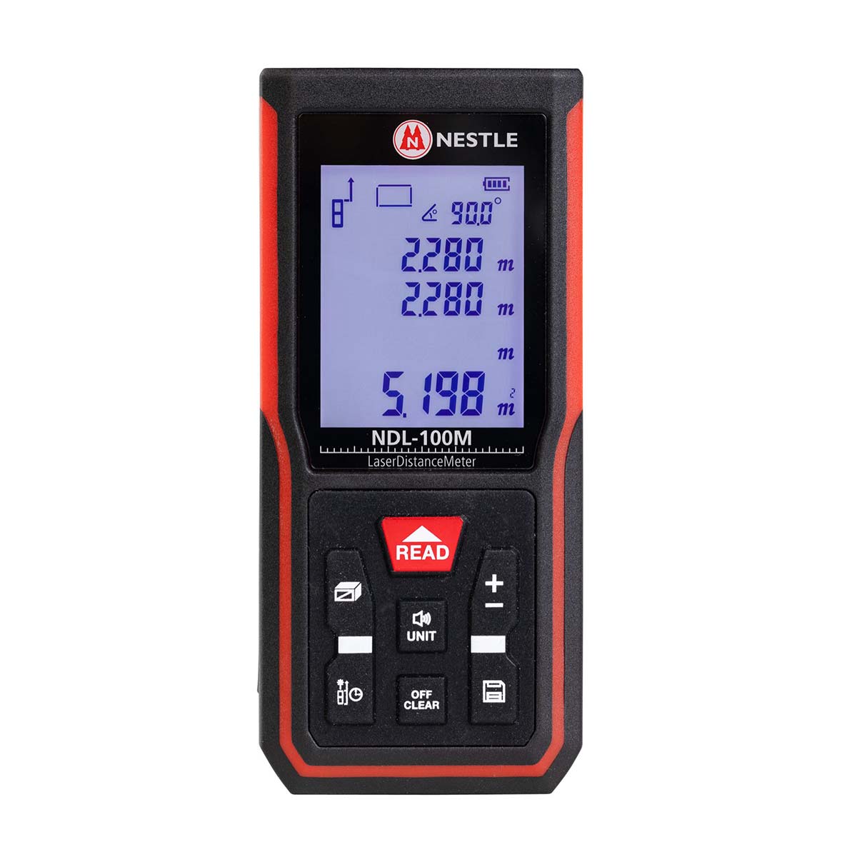 Nestle NDL-100M Laser-Entfernungsmesser in Schwarz-Rot mit beleuchtetem Display und READ-Taste.