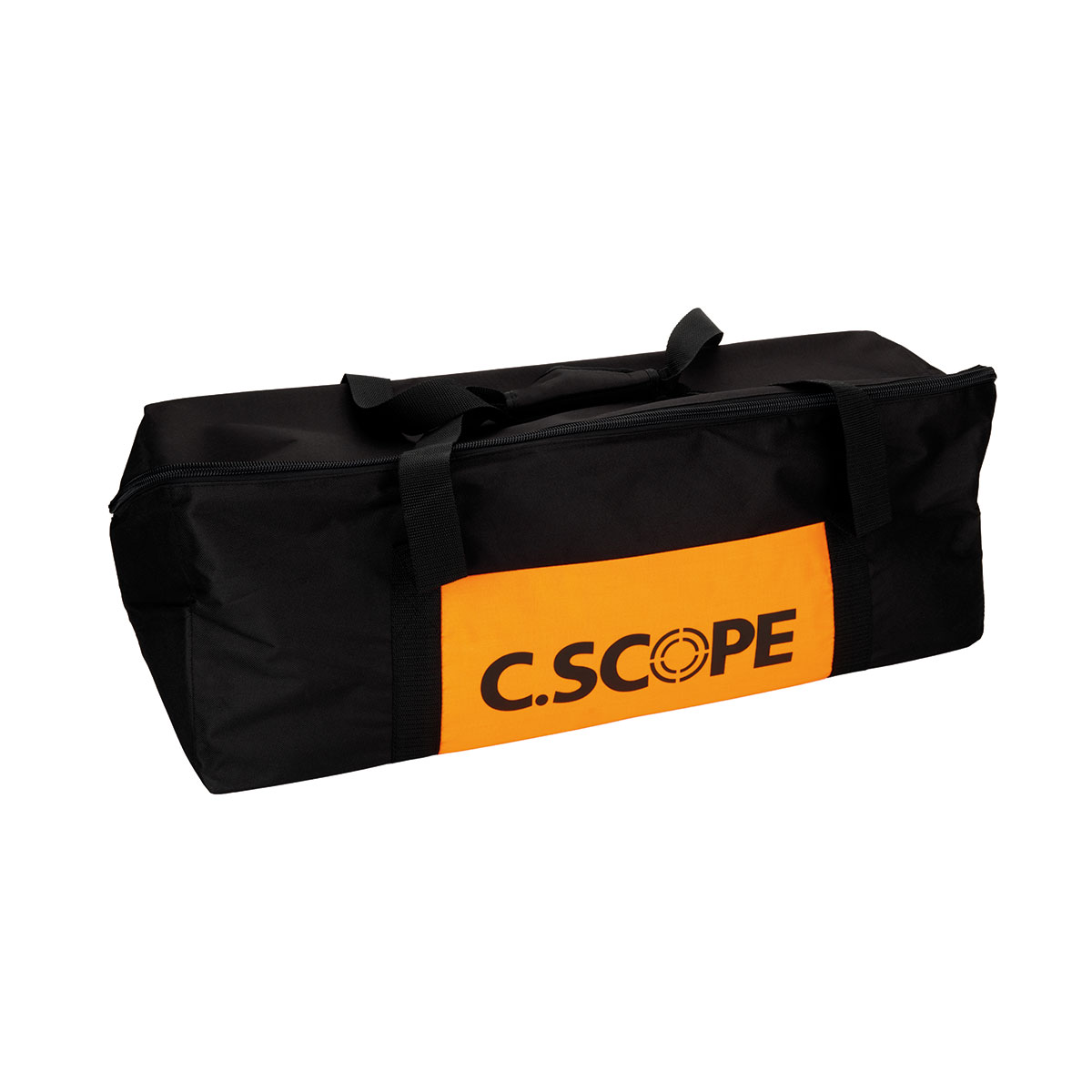 Schwarze Tragetasche von C.Scope mit orangem Logofeld und Tragegriffen für Empfänger und Sender.