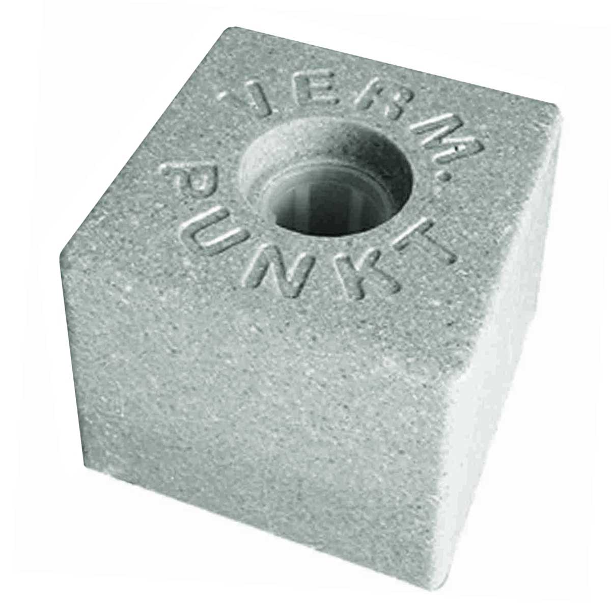 Weißer Vario-Kopf Plus 100 x 100 x 90 mm mit Aufschrift Verm. Punkt um die Mittelbohrung.