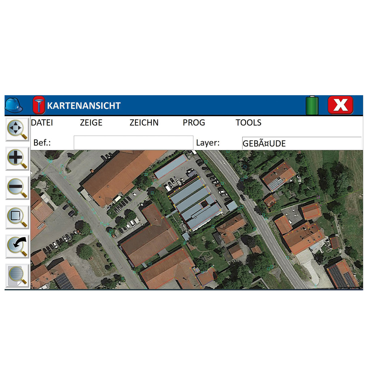 Digitale Kartenansicht mit Gebäudelayer in der Carlson SurvPC7 Software.
