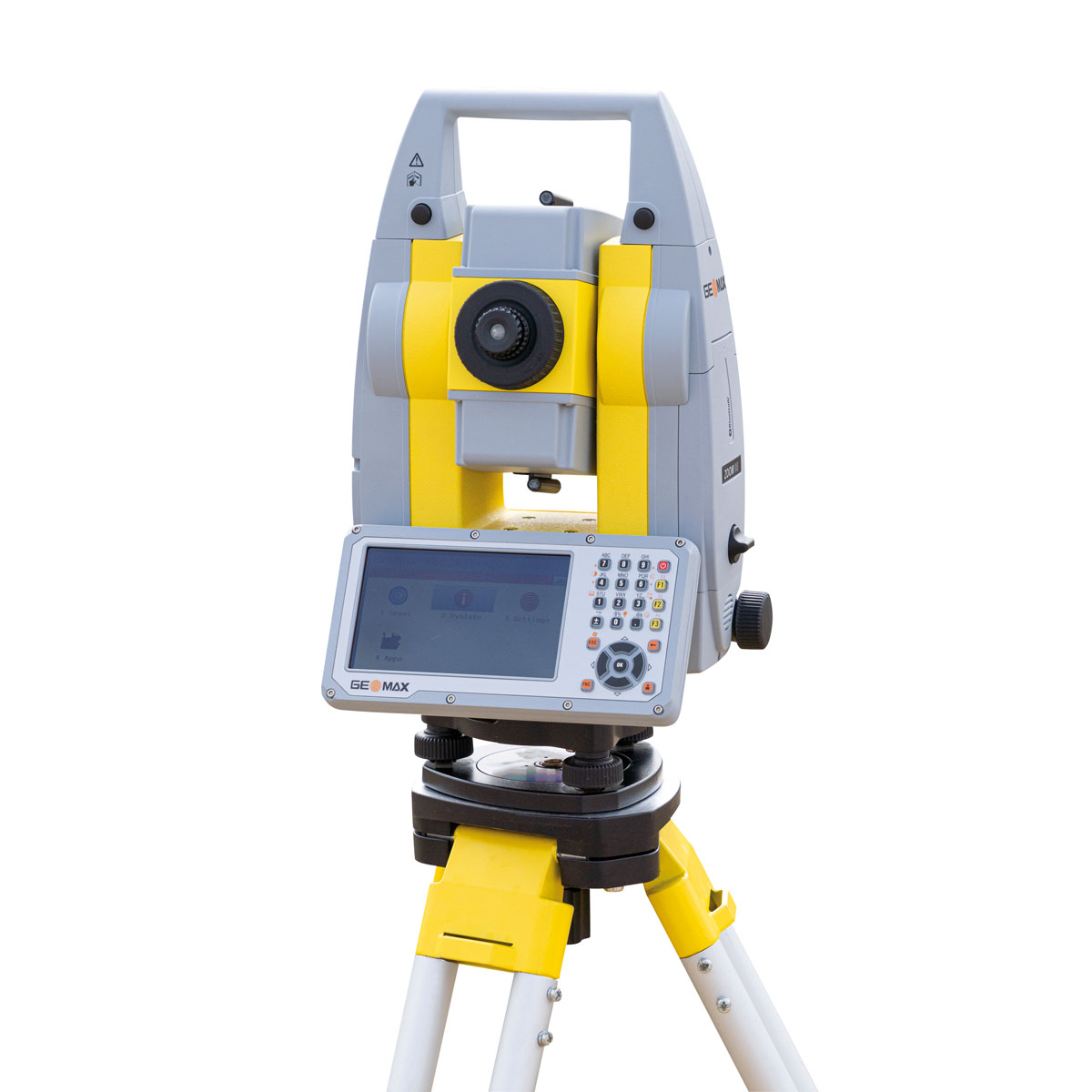 Gelb-graue GeoMax Totalstation Zoom 95 mit großem Display und Tastatur auf gelbem Stativ.
