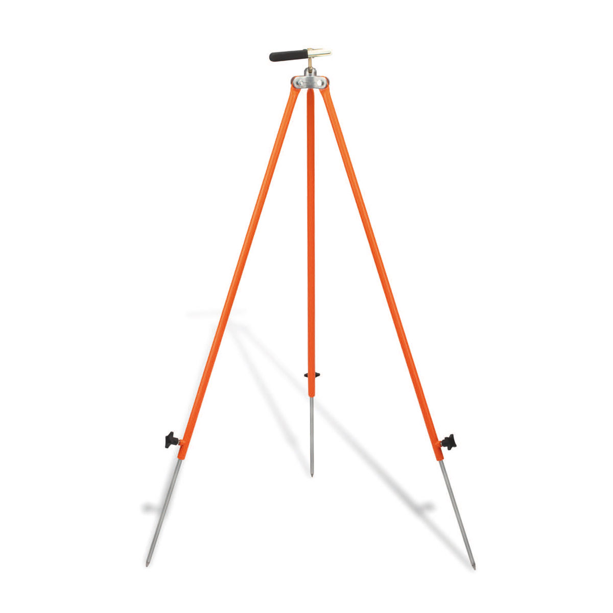 Teleskop-Fluchtstab-Stativ mit orangen Beinen, ausziehbaren Stahlspitzen und Klemmbügel-Kugelkopf.