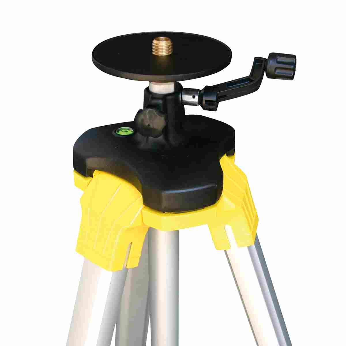 Stativkopf des ELT25 mit Libelle, Kurbel und schwarzer Flachkopfplatte mit 5/8-Zoll-Gewinde.