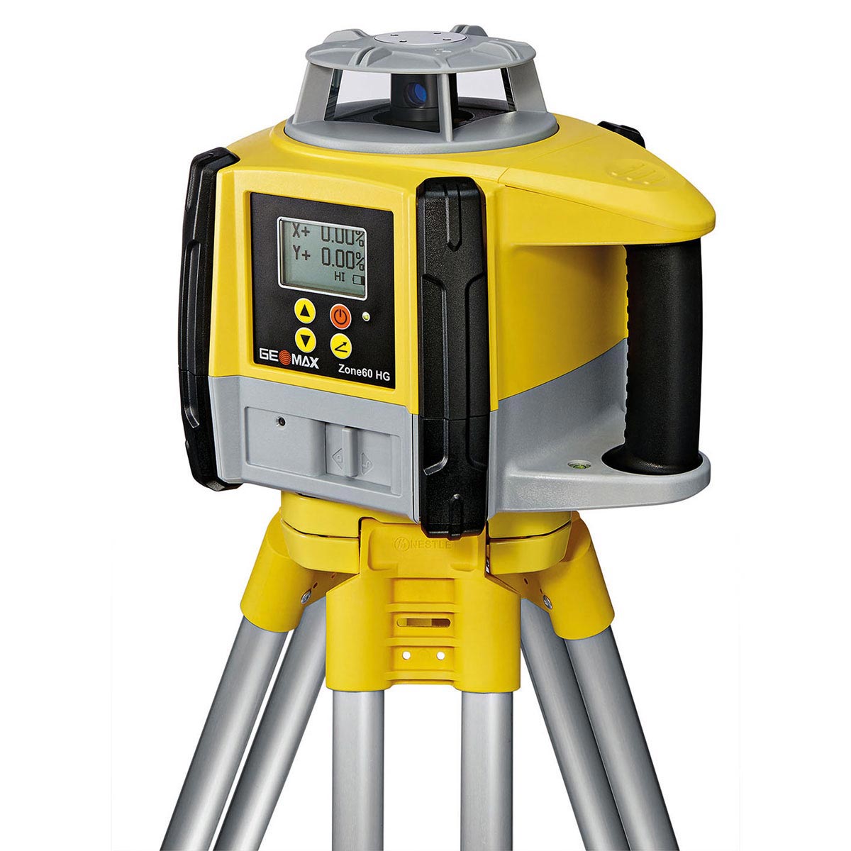 Gelber GeoMax Horizontallaser Zone60 HG mit Display für digitale Neigung auf einem Stativ.
