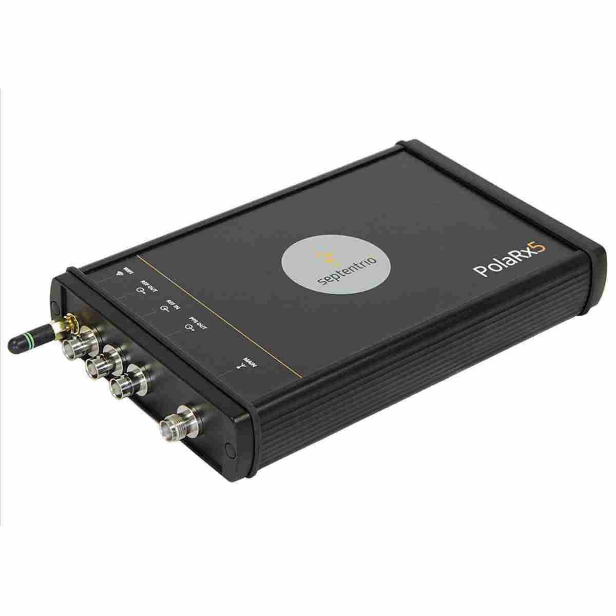 Schwarzer Septentrio GNSS-Referenzstationsempfänger PolaRx5 mit WLAN-Antenne und BNC-Anschlüssen.