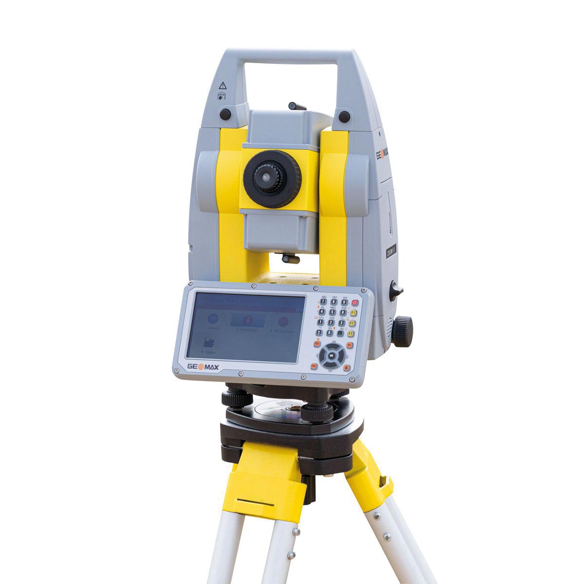 Gelb-graue GeoMax Totalstation mit großem Display und Tastatur auf gelbem Stativ.