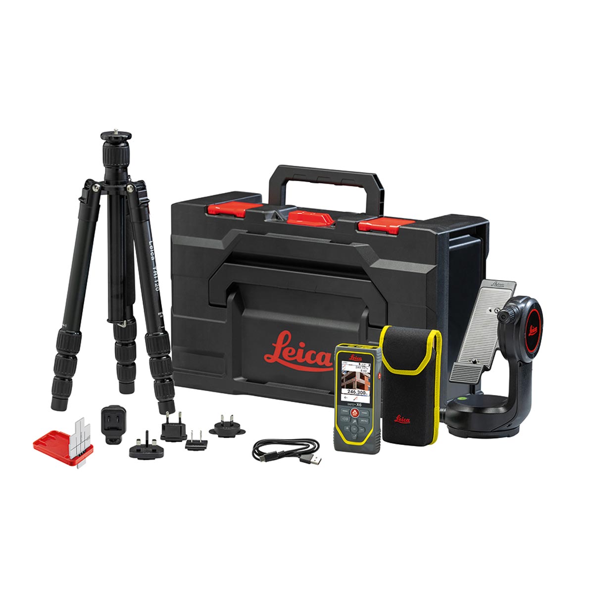 Lieferumfang Disto X6 P2P Paket: Koffer, Stativ, DST 360 Adapter, Tasche, Kabel, Netzteiladapter und Zielmarke.
