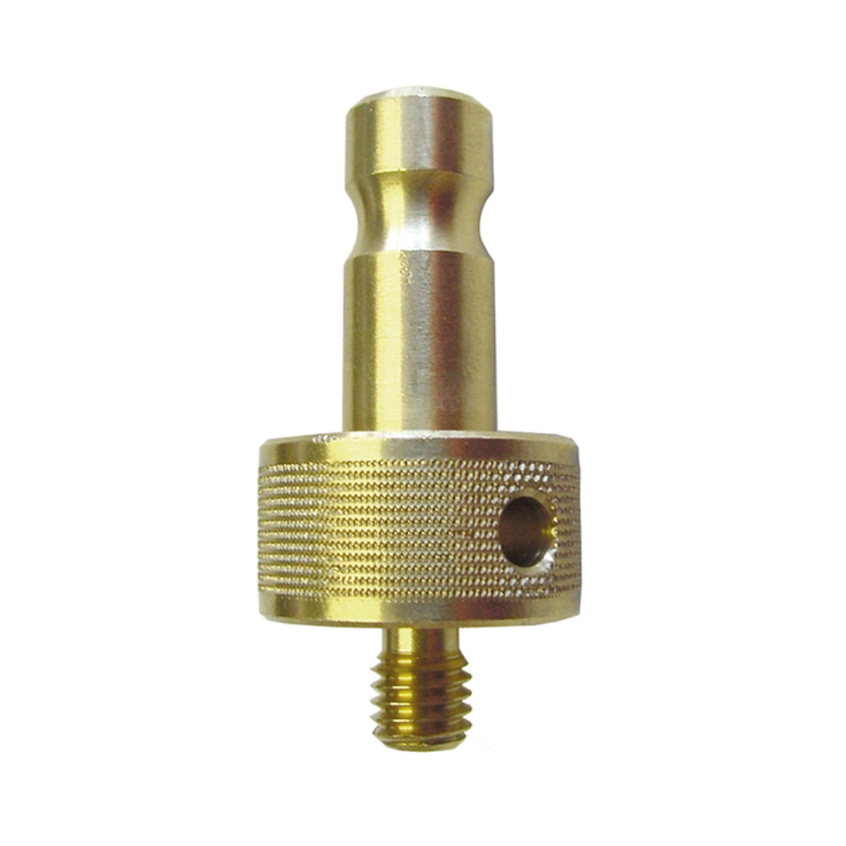 Adapter aus Messing mit gerändeltem Ring, M8-Gewinde und Leica-Steckzapfen für Wandbolzen.