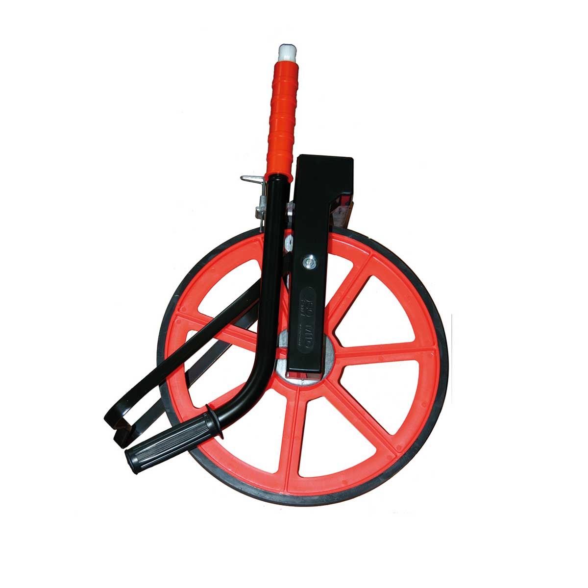 Zusammengeklappter Rolltacho M10 mit rotem Speichenrad und eingeklapptem Griff.
