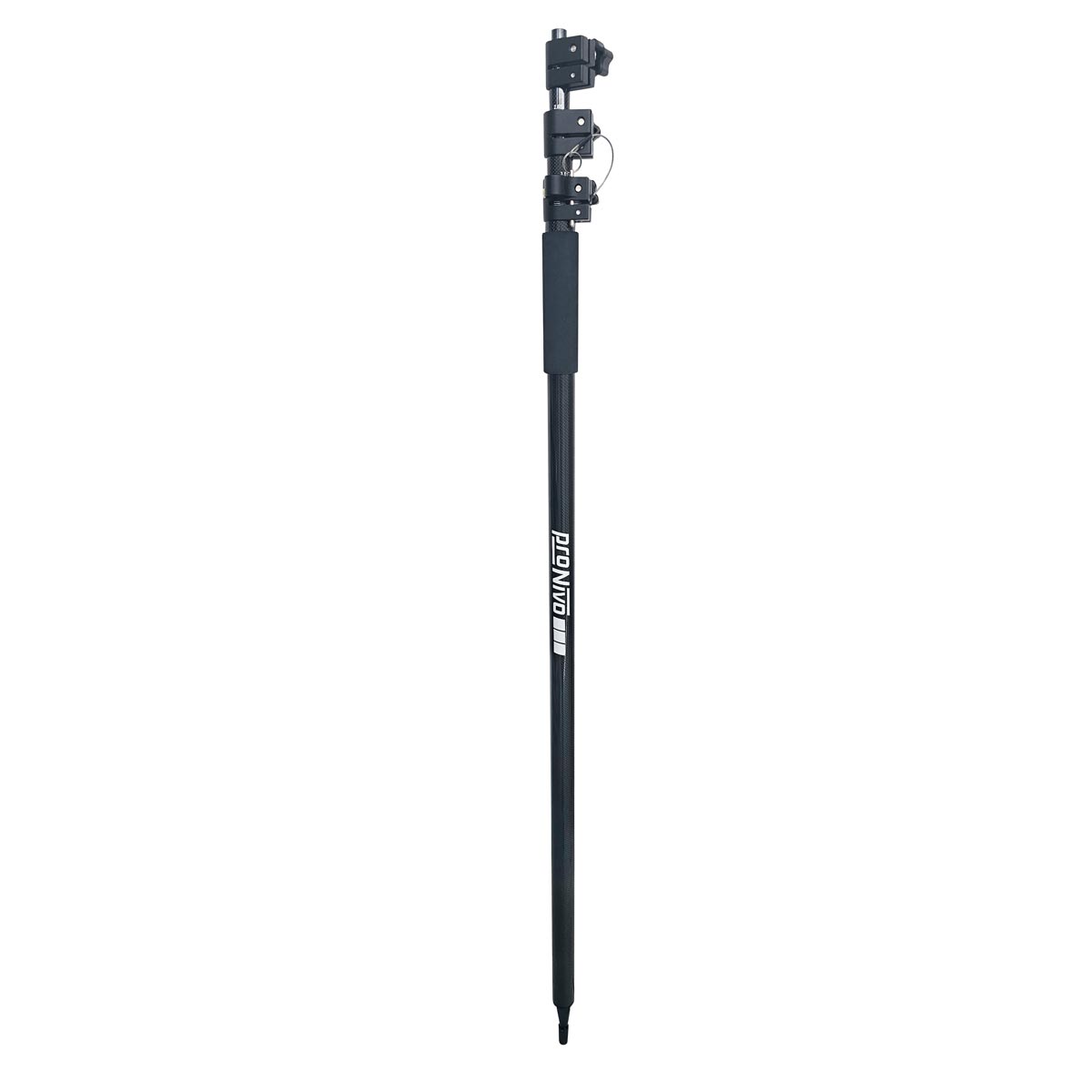 Schwarzer proNIVO Vollcarbonstab mit drei Klemmen und Schaumstoffgriff für GPS und Prisma.