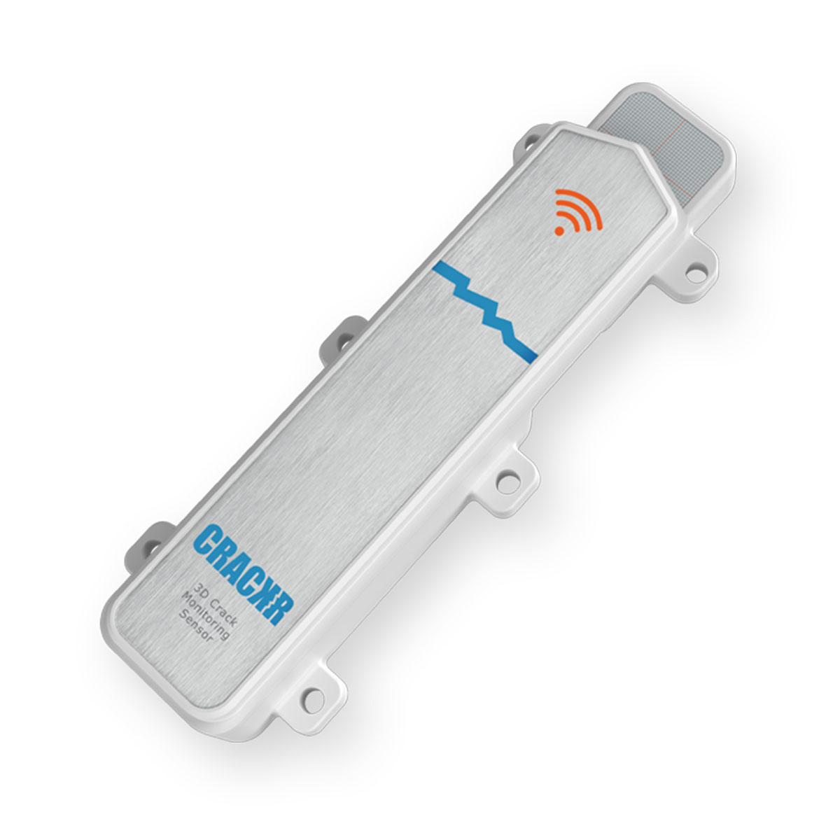 Nahaufnahme des weißen, rechteckigen CrackR 3D Rissmonitor Sensors mit blauen Streifen und Montagepunkten.