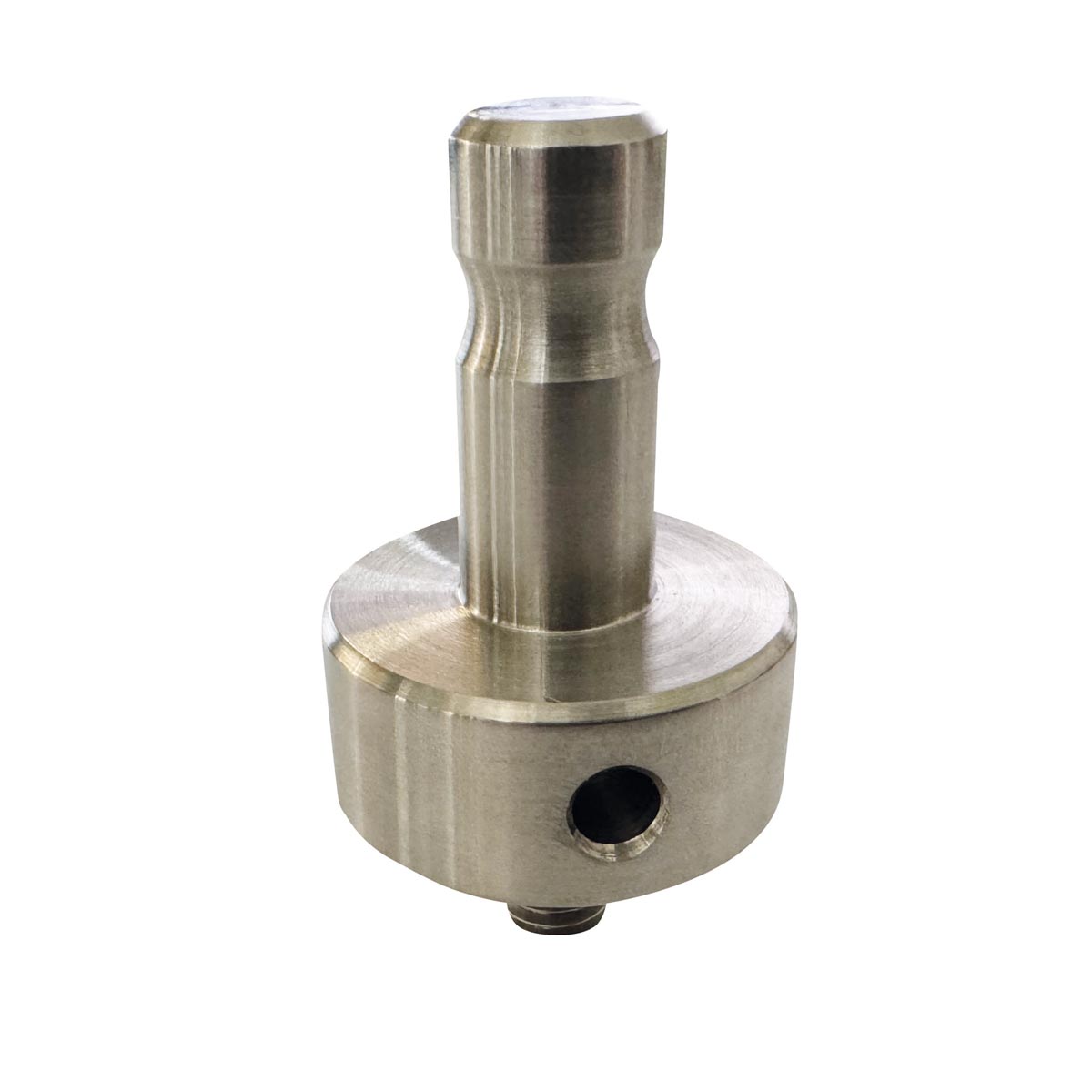 Wandbolzen-Adapter aus rostfreiem Edelstahl mit Leica-Zapfen und seitlicher Klemmbohrung.