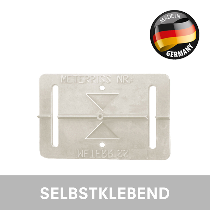 Weiße selbstklebende Meterriss-Plakette RS11 mit doppelter Höhenmarke und Prägung Meterriss Nr.