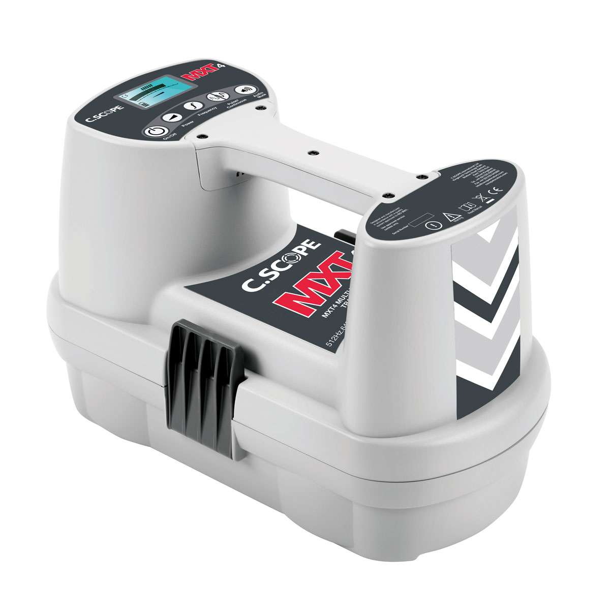 Hellgrauer C.Scope High-Performance-Sender MXT4 mit Display, Tragegriff und rotem Schriftzug.