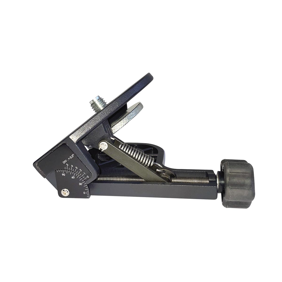 Schwarze Neigungsplatte für Laser mit Winkelskala, Feder, Gewindestange und 5/8-Zoll-Anschluss.