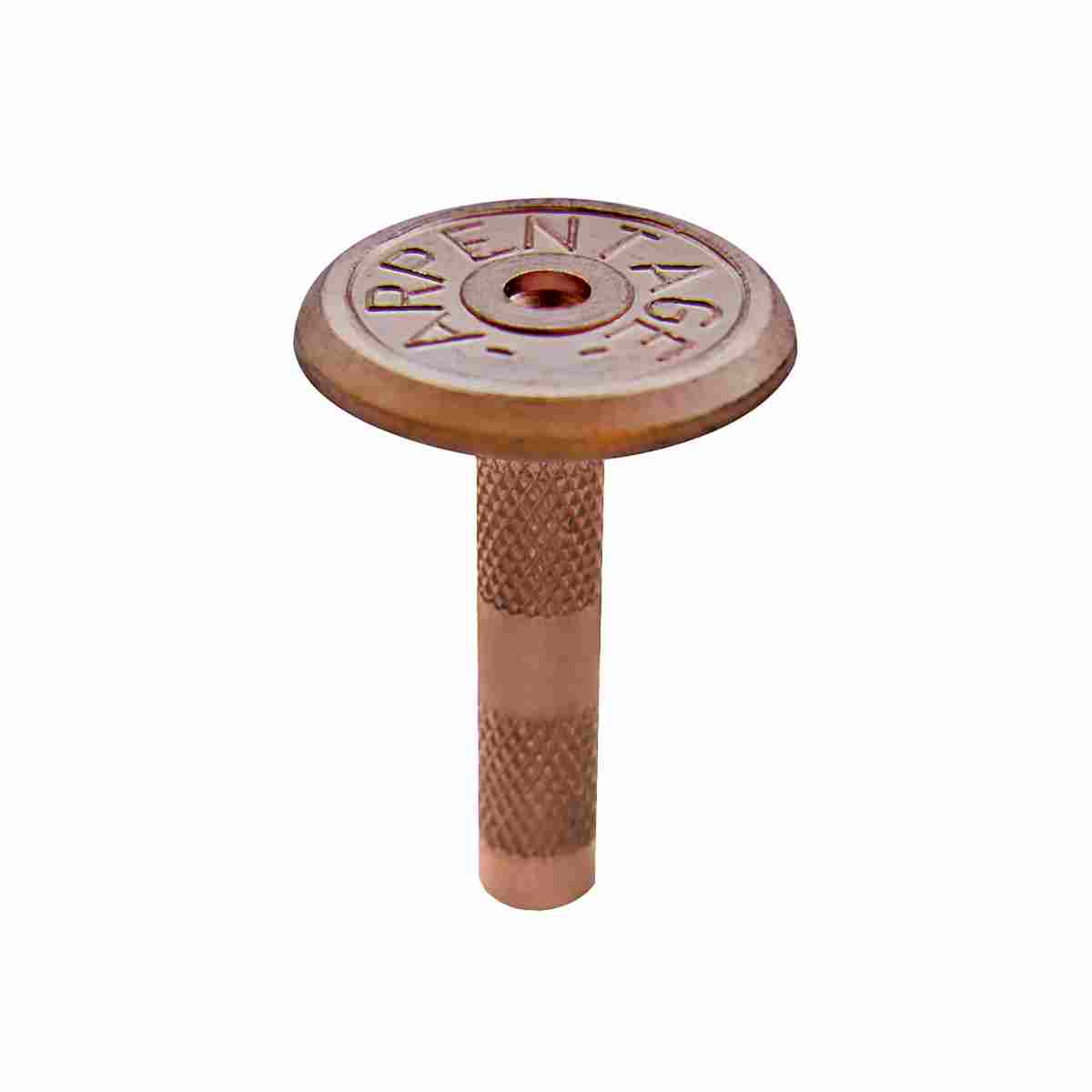 Kupferbolzen, Länge 40 mm, Kopf-Ø 30 mm Aufschrift "Arpentage"