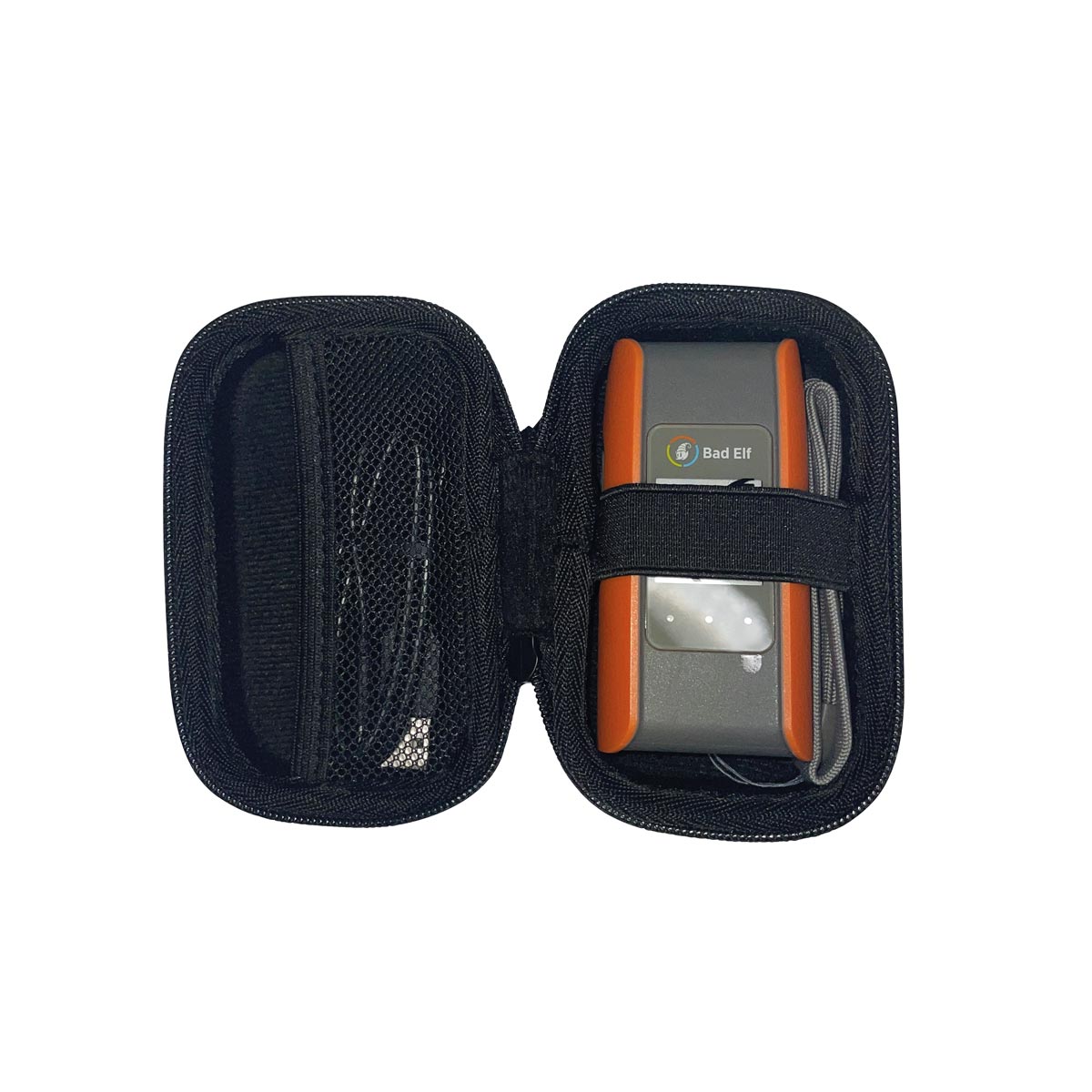 Bad Elf Flex Mini GNSS-Empfänger in einer kompakten Schutztasche zur sicheren Aufbewahrung und Transport.