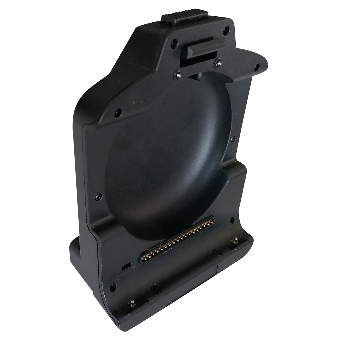 Schwarze Dockingstation für das 8-Zoll-Outdoor-Tablet MDT865 mit Kontaktleiste.