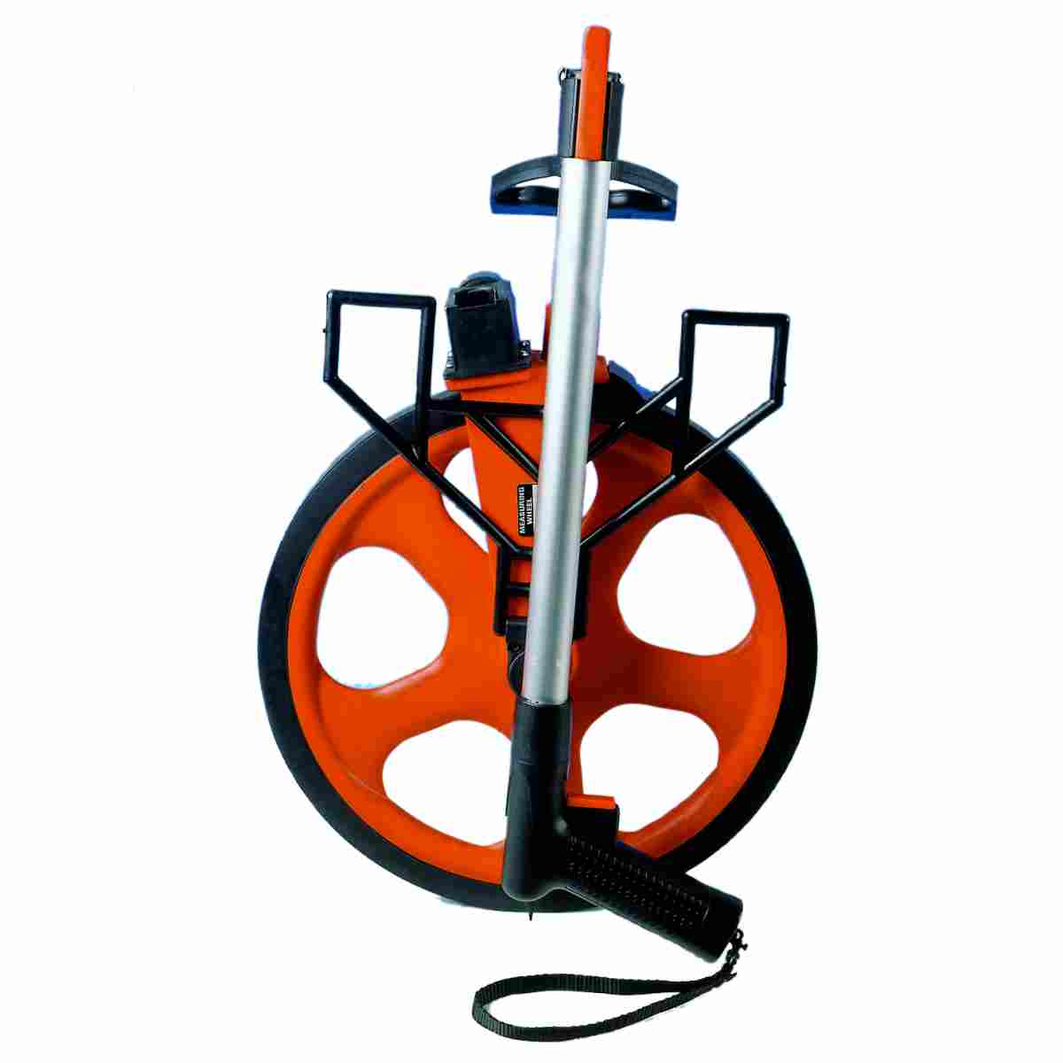 Leicht-Messrad Deluxe mit orangem Rad, 1 m Radumfang, Teleskopgriff und Handschlaufe, zusammengeklappt.