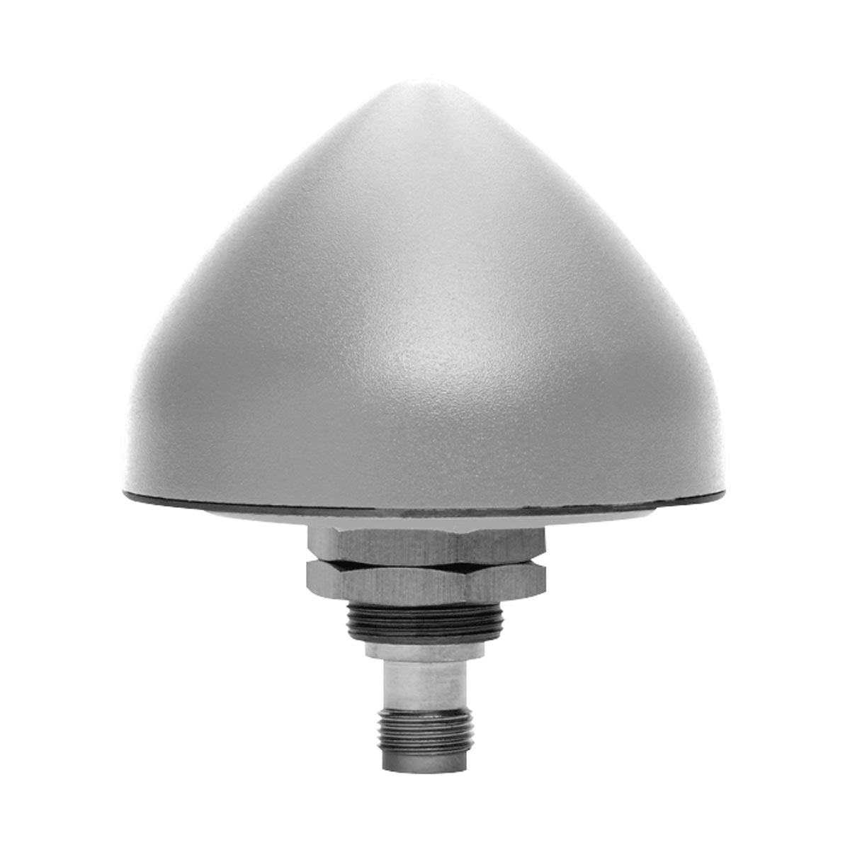 Silbergraue Tallysman GNSS-Antenne TW3972 mit kegelförmiger Haube und Gewindeanschluss.