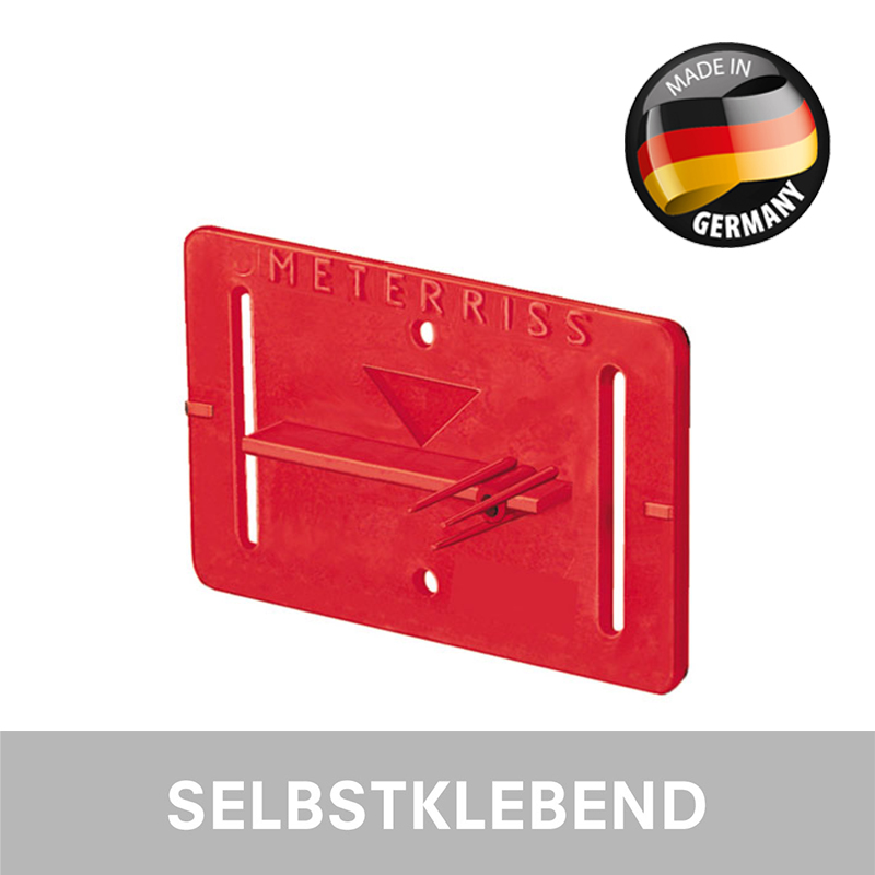 Rote Meterriss-Plakette RS21 von Rothbucher Systeme, selbstklebend, mit Höhenmarke und Aufsatzkante.