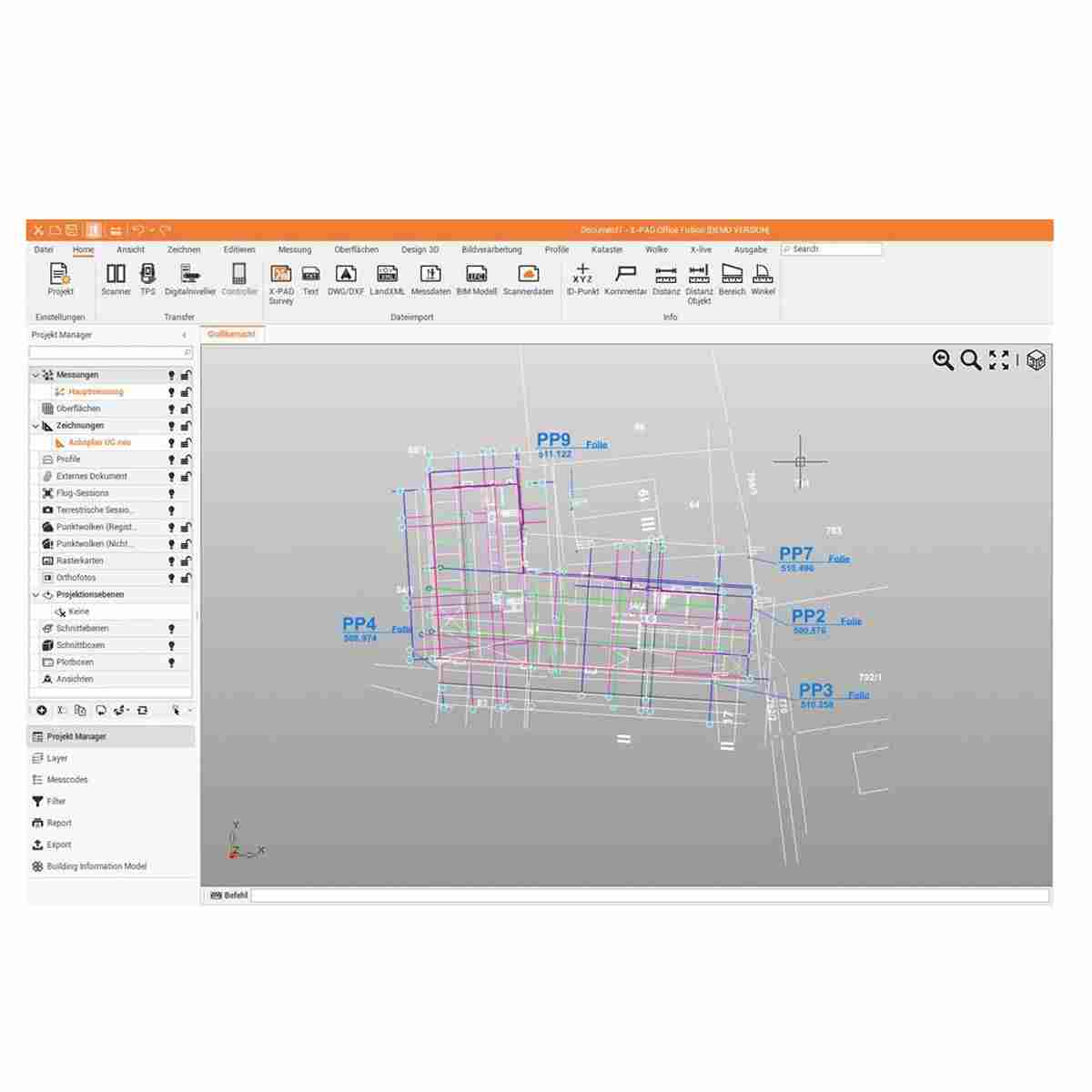 Screenshot X-PAD Office Fusion mit Achsplan und beschrifteten Messpunkten in der Grafikansicht.