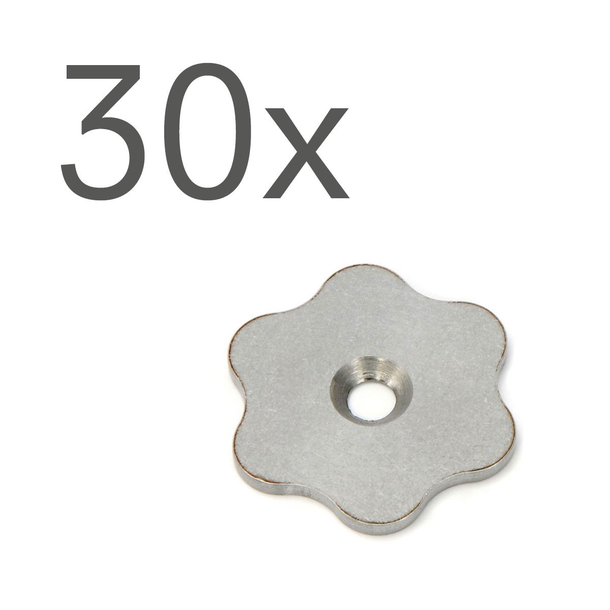 Dreißig kleine, silberne Klebemarken zur flexiblen Befestigung, enthalten im Kofferset Scannermarken.