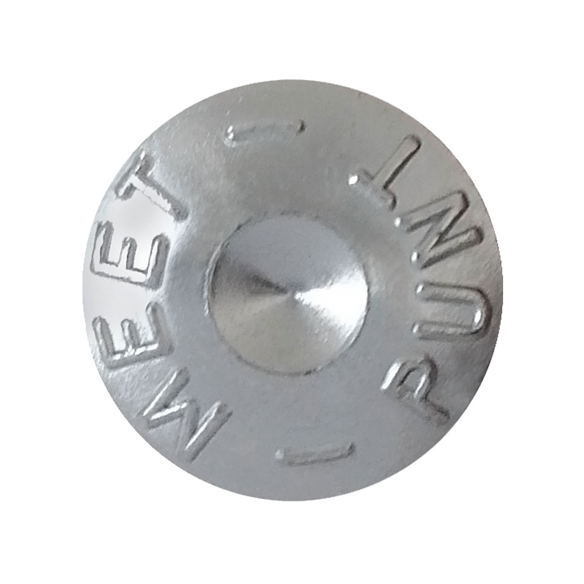 Draufsicht auf den Kopf des Superkopfbolzens 100 mm mit Aufschrift Meetpunt und Zentrierkörnung.
