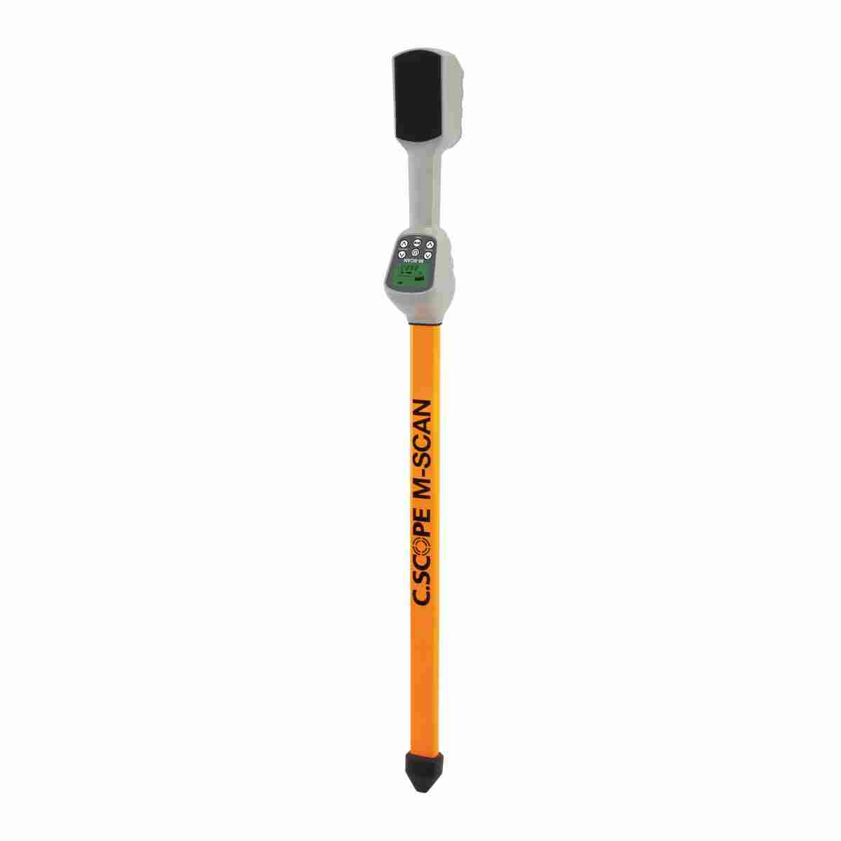 C.Scope M-SCAN Magnetsuchgerät mit grauem Bedienteil, Display und orangem Sondenstab.