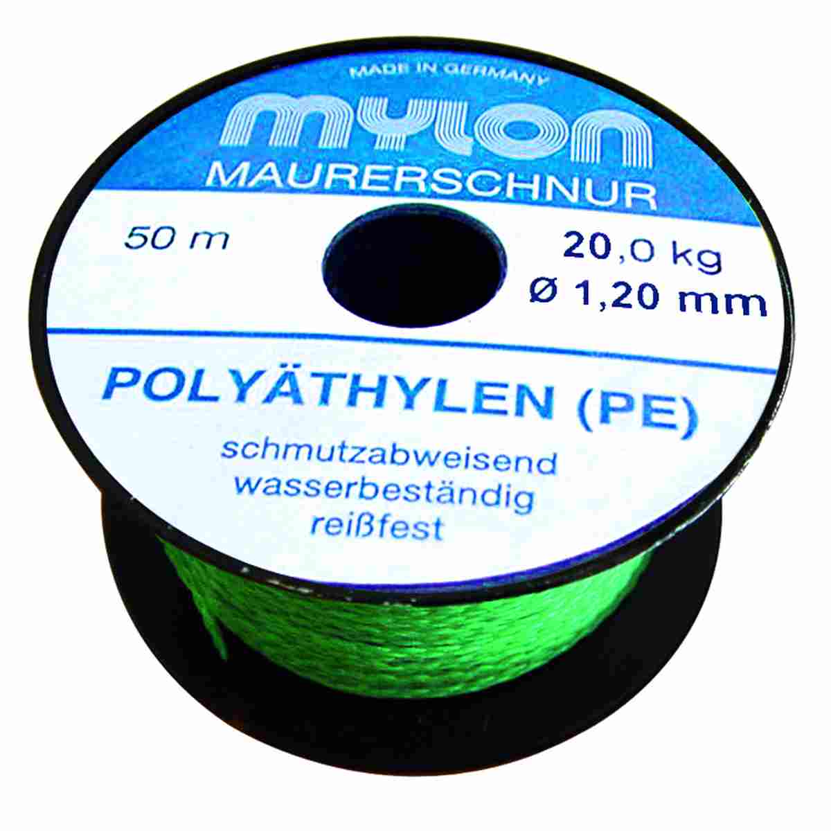 Grüne Lotschnur aus Polyäthylen auf Spule, 50 m, Ø 1,2 mm, Reißkraft 20 kg.