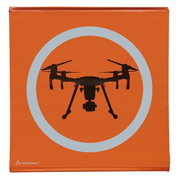 Triopan Landeplatz-Plane f�r Drohne in Orange (80x80 cm) mit silbernem Kreis und schwarzer Drohne.