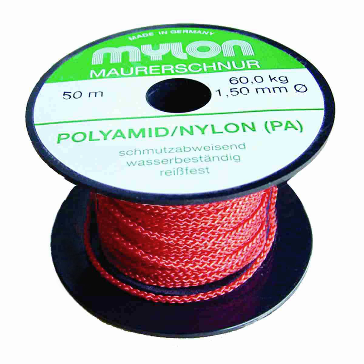 Rote Lotschnur aus Polyamid auf Spule, 50 m, Ø 1,5 mm, Reißkraft 60 kg, Made in Germany.