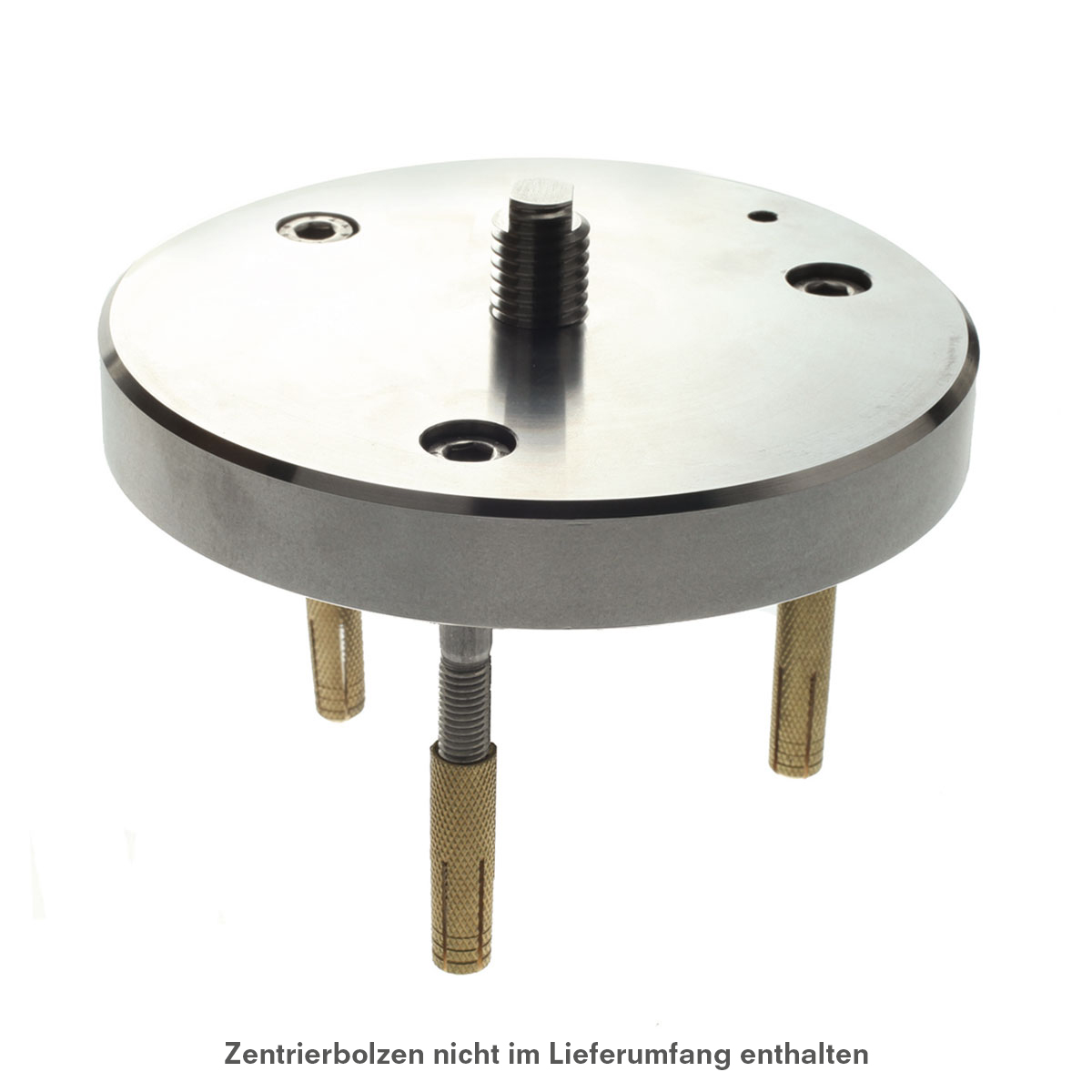 Edelstahl-Geräteaufnahmeplatte Ø 140 mm mit 5/8 Zoll Zapfen und drei Messingdübeln, Zentrierbolzen nicht enthalten.