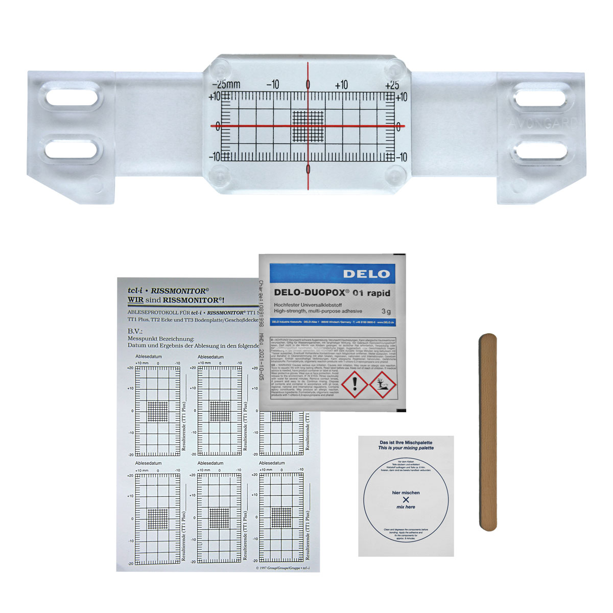 Rissmonitor TT 1 Plus Anleitung, Ableseprotokoll und Kleber