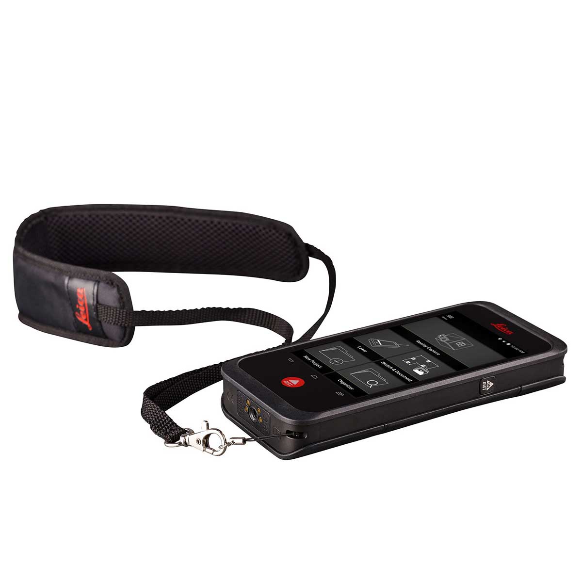 Seitliche Ansicht des Leica BLK3D Handgeräts mit Handschlaufe für sicheres und komfortables Arbeiten.