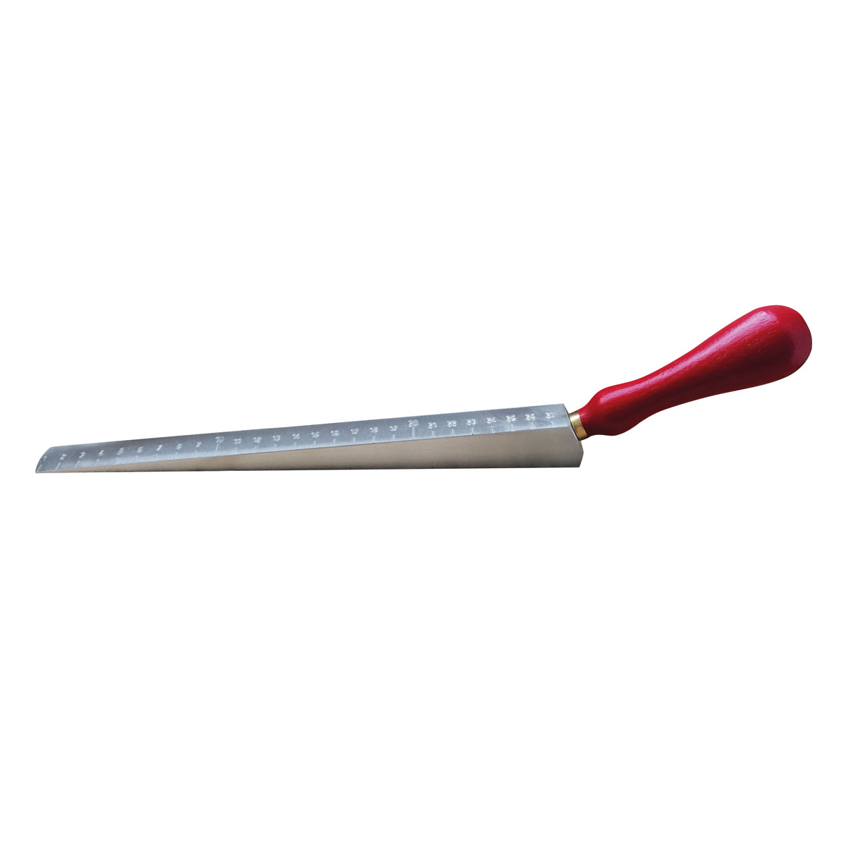 Messkeil aus Stahl mit Millimeterskala 0 bis 27 mm und rotem Holzgriff.